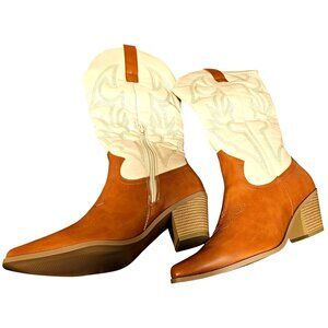 Western Style Mid-Calf Cowboy Boots With Block Heel Brown & Cream Two-Tone Desig